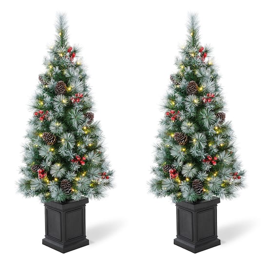 Glitzhome; 2 Pack 4ft. Pre-Lit Pine Artificial Christmas Porch Tree, Warm White LED Lights; Category:Shop All Christmas Trees; Image:1